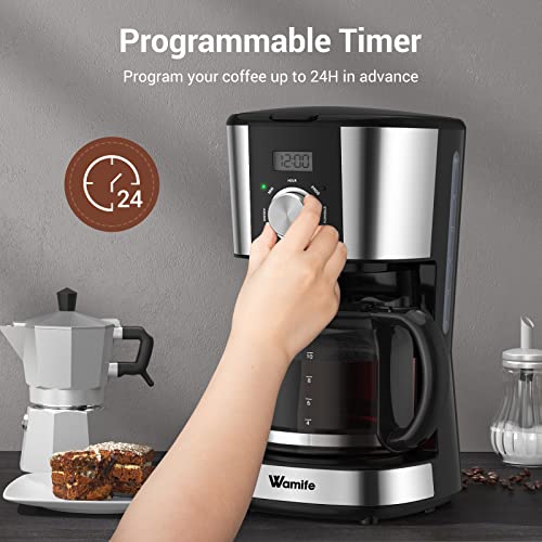 Wamife Programmable Coffee Maker, 12 Cup Drip Coffee Brewer Timer Machine with Thermal Carafe Retro Coffee Makers for Home & Office Black