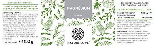 Magnésium – 1500 mg citrate de magnesium, dont 240 mg de magnésium élémentaire par dose quotidienne. 180 capsules gélules. Testé en laboratoire et sans magnésium stearate. Dosage élevé, végan, fabriqué en Allemagne