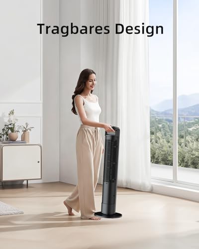 Leiser Turmventilator für Schlafzimmer, Standventilator mit Fernbedienung, 90° oszillierend, 4 Geschwindigkeiten 3 Modi 12H Timer LED-Anzeige, 91 cm Elektrischer Kühlventilator, Schwarz