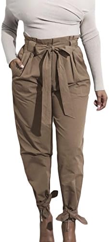 Vemubapis Women Casual Pleated High Waist Belted Bow Ties Paper Bags Pants Khaki M