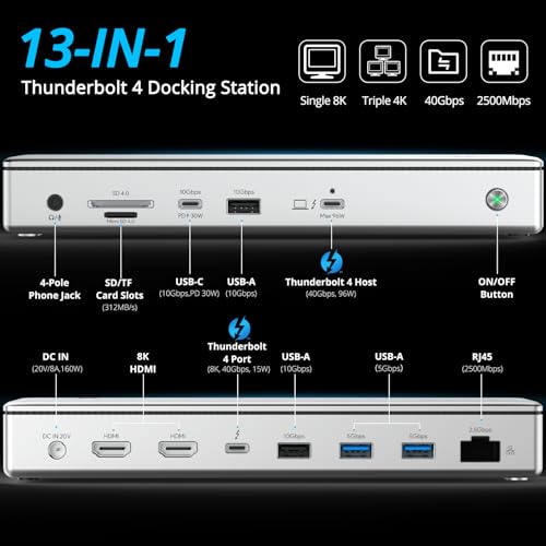 WAVLINK 13-in-1 Thunderbolt 4 Dock, 96W PD, 8K / Triple 4K, 2 TBT4 Ports, 2 HDMI Ports, 4 USB-A Ports, USB-C 10Gbps, Ethernet 2.5G, SD/TF Reader, Audio, Compatible with Mac and Windows