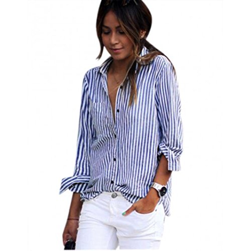 Nevera Women Striped Long Sleeve Loose V Neck Blouse Casual Ladies T Shirt Tops (L, Blue)