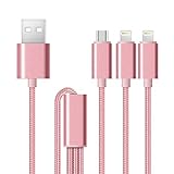 Multi Charger, 3 in 1 Nylon Braided Dual Lightning & Micro USB Cable for iPhone 6 6 Plus 5 5s 5c, iPad Air, iPod Pro, Sumsung, HTC, Nokia, Motorola, Blackberry, Tablets (Rose)