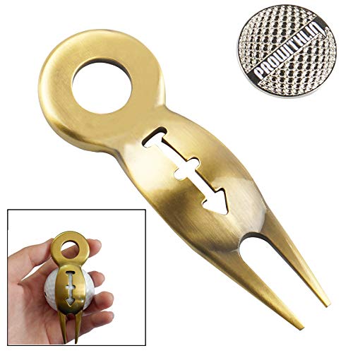 prowithlin Golf Divot Tool, Metal Golf Divot Repair Tool with Magnetic Golf Ball Marker and Ball Line Maker Tool, Portable Divot Repair Tool, Durable and No Rust Golf Divot Repair Tool (Golden)