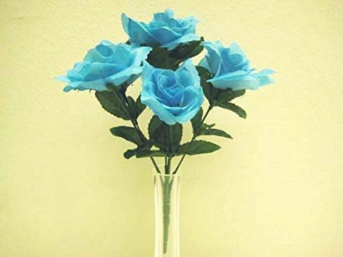 4 Bushes Blue Turquoise Small Open Rose Artificial Silk Flowers 12" Bouquet 7-2026 TQ