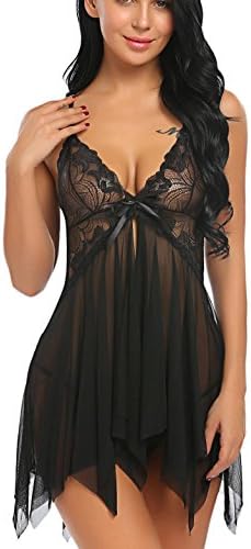 Instom Women's Lingerie Sexy Spaghetti Strap V Neck Lace Babydoll Mesh Sleepwear