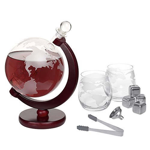 Whiskey Decanter Set World Globe Decanter With 2 Etched Globe Glasses