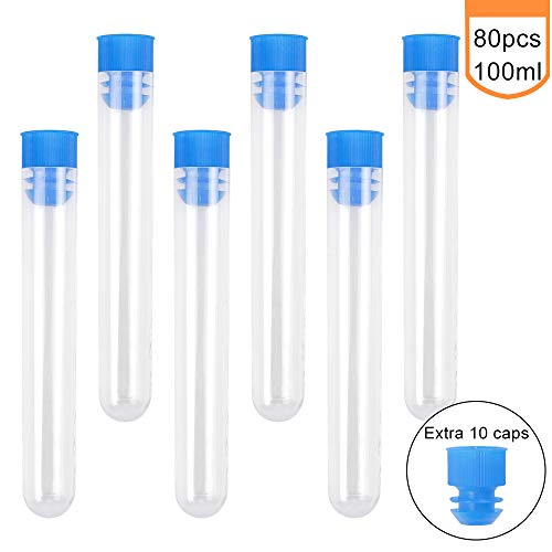 DEPEPE 80pcs 16×100mm Clear Plastic Test Tubes with Blue Caps for Scientific Experiments, Halloween, Christmas, Kids Birthday Party Supplies, Decorate The House, Candy Storage
