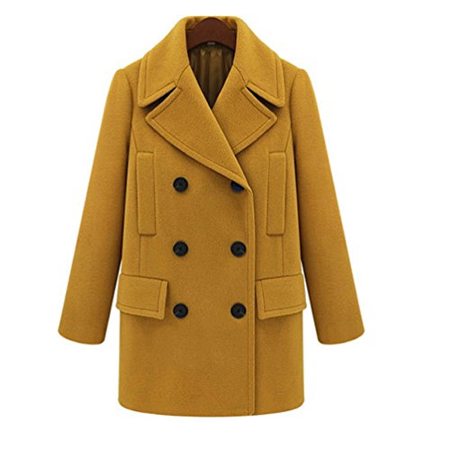 Women's Solid Color Double Breasted Trench Pea Coat Winter Jacket (XL, Yellow)