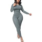 vyolu Casual Workout 2 Piece bodycon casual outfit Women Ribbed Set Long Sleeve Elastic Leggings LoungeWear activewear