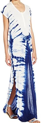 Arctic Cubic Short Sleeve Tie Dye Gradient Color Side Split Slit Long Maxi Shift Boxy Straight Column Dress Blue White XL