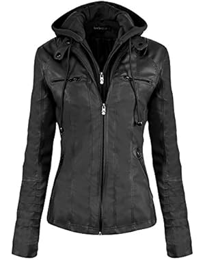 Women Hooded Faux Leather Jacket Hat Detachable Zipper Jacket Women Motorcyle Jacket
