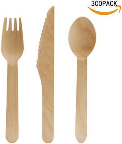Wooden Disposable Cutlery Set of 300pc, incl. 100 Forks, 100 Spoons, 100 Knives, 6.3" in Length, Combo Pack, Eco Friendly, Biodegradable, Compostable, 100% Natural Utensils