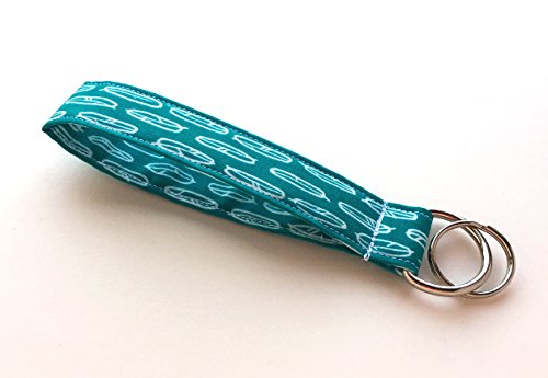 Keychain Wristlet - Teal Blue with White Feathers - 100% Organic Cotton Fabric Key Lanyard