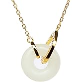 Ezindraw Natural Jade Donut Pendant Necklace for Women Grils, White Gemstone Gold Plated Pendant with Good Fortune, Length Adjustable, 18''