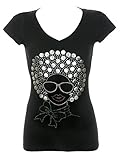 Women's Afro Hair Woman Rhinestone Bling V-Neck T-Shirts Black