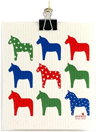 Trendy Tripper Swedish Dishcloth, Multi-Color Dala Horse (Green, Red, Blue)