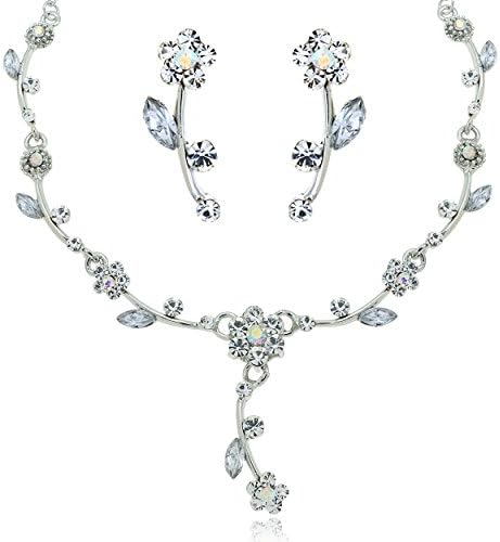 White Crystal Buttercup Flower Rhinestone Necklace and Earrings Jewelry Set [Bridal Jewelry]