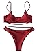 QINSEN Women Spaghetti Strap Crop Top High Cut Thong Brazilian 2PCS Bikini Bathing Suit Wine S