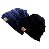 Unisex Trendy Warm Chunky Soft Stretch Cable Knit Slouchy Beanie Skully ( Gift Set of 2- Black & Navy )