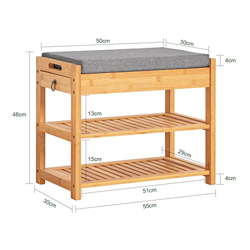 SoBuy Shoe Rack Bamboo Shoe Bench with Seat Cushion, 2-Tier Wooden Shoe Cabinet Organizer with Storage Drawer and Lift Up Top for Hallway and Bedroom, Natural, 55x30x46cm, FSR49-N
