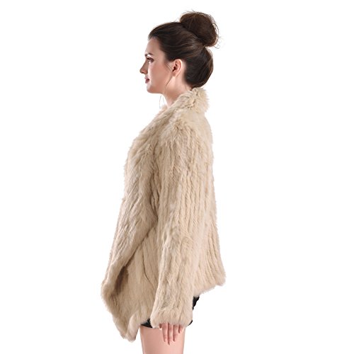 Vemolla Women's Genuine Knit Rabbit Fur Coat Jacket Outwear with Pocket - Thumbnail 2
