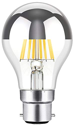 Vintage Retro Antique LED Filament Bulb A19 8W LED Light Bulb, Silver Bowl Tipped, B22 Base, Soft Warm White 2700K, 70W Equivalent, 220-240VAC, Dimmable (B22 Socket)