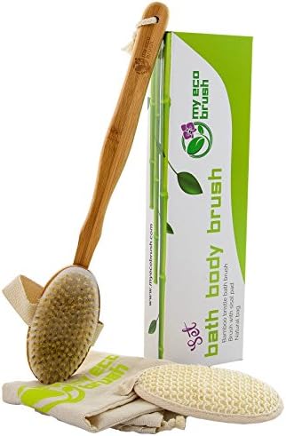 My Eco Brush Perfect for Dry Brushing – Bamboo Bath Body Brush for Back Scrubber – Natural Bristles Shower Brush with Long Handle &amp; Sisal Pad to Exfoliate Skin – Includes Carry Bag