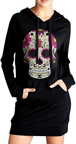Sugar Skull Slim Fit Hoodie Pockets Dress Long Sleeve Casual Sweatshirt For Women Black