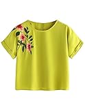 SweatyRocks Women's Casual Summer Tops Floral Embroidered Short Sleeve T Shirt Yellow Large