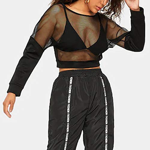 Startview Fashion Womens O-Neck Solid Mesh Patchwork Cropped Bolero Long Sleeve Tops