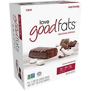 Love Good Fats Bars (Keto Bar, Keto Snacks for Keto Diet, Low Carb Snacks for Low Carb Diet, Low Net Carbs, Gluten Free, Non-GMO) – 12 bars x 39g each, Coconut Chocolate Chip