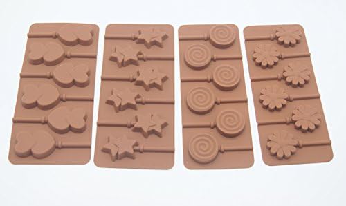 Lushagina Set of 4 Silicone Lollipop Mold 6 Cavity Holes Chocolate Mold, Double Star, Hearts, Flower, Swirl