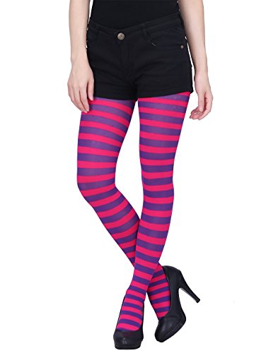 HDE Women's Striped Tights Full Length Sheer Microfiber Nylon Footed Stockings (Purple and Pink)