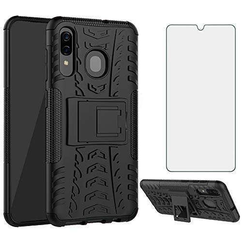 Phone Case for Samsung Galaxy A20/SM-A205F/DS with Tempered Glass Screen Protector Cover and Stand Kickstand Hard Rugged Hybrid Accessories Heavy Duty Rubber Samsung20 A 20 2019 Cases Girls Black