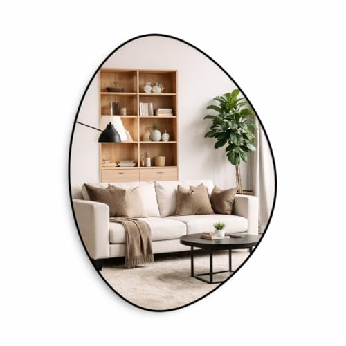 Espelho Decorativo Orgânico Adnet Suspenso com Suporte de Parede Costurado em Couro Ecológico para Banheiro Quarto Sala 60x40cm (Preto)
