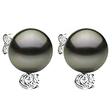 14K White Gold and Diamond with Black South Sea Tahitian Cultured Pearl Stud Earrings
