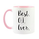 Mama Birdie Best OT (Occupational Therapist) Ever Coffee Cup/Tea Mug - Script Print (White/Pink)