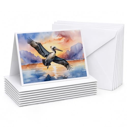 Caroline's Treasures Pelican Fyling at Sunrise Greeting Cards Pack of 8 Blank C…