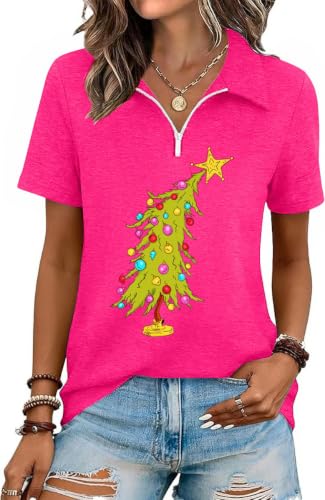 FKQRXO Women Winter Christmas Graphic Polo Shirts Half Zip Collar Short Sleeve Casual Loose Fit Tees Merry and Bright Xmas Tree Light Printed Tops(723-Xmas-H,M) at Amazon