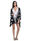 Persun Women Navy Leaf Print Open Front Batwing Sleeve Kimono,Large