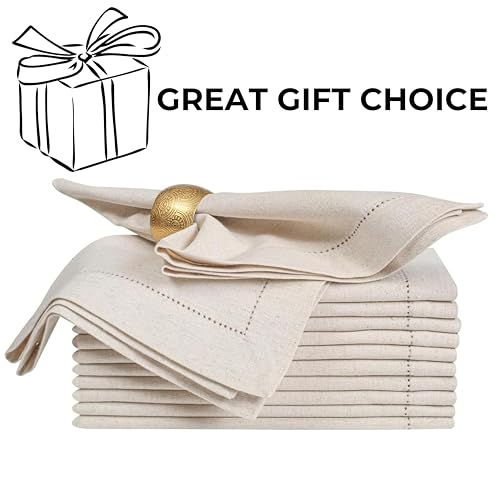 BEDDING CRAFT Set of 12 Linen Flax Cotton Cloth Dinner Napkin with Hemstitched 20x20 Natural, Mitered Corners -Perfect for Wedding, Dinner, Parties and Table Decorations