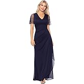 Xscape Womens Xscape Women's V-Neck, Short Sleeve, Full-Length Dress with Beaded Sleeve Detail and Draped Skirt (Petite)