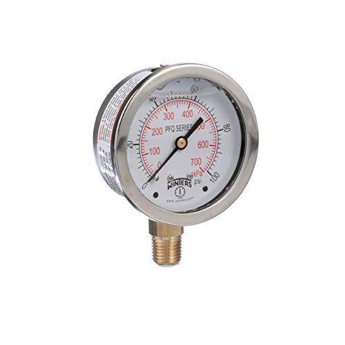 Winters PFQ Series Stainless Steel 304 Single Scale Liquid Filled Pressure Gauge with Brass Internals, 0-100 psi, 2-1/2" Dial Display, +/-1.5% Accuracy, 1/4" NPT Bottom Mount