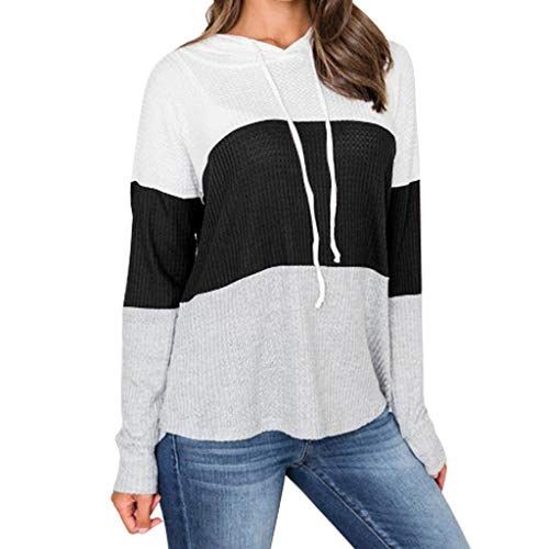 TOOPOOT Womens Top,Fashion Blue Patchwork Autumn Hooded Cap Top Long Sleeve O-Neck Blouse