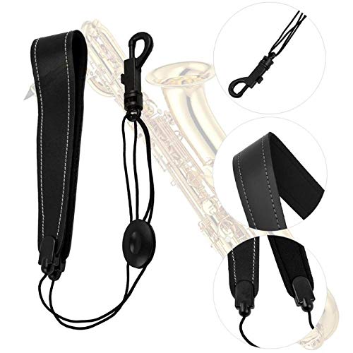 STORE-HOMER - NEW Black Adjustable Leather Sax Padded Pressure Reducing Strap with Clasp Saxophone Belt Shoulder Accessories 450x40x15mm