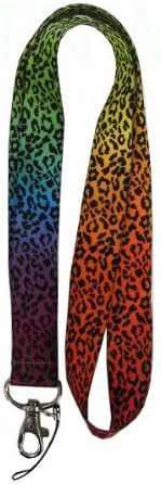 Animal Print Key Chain Lanyard with Swivel Key Clip and Cellphone Strape - Leopard Rainbow