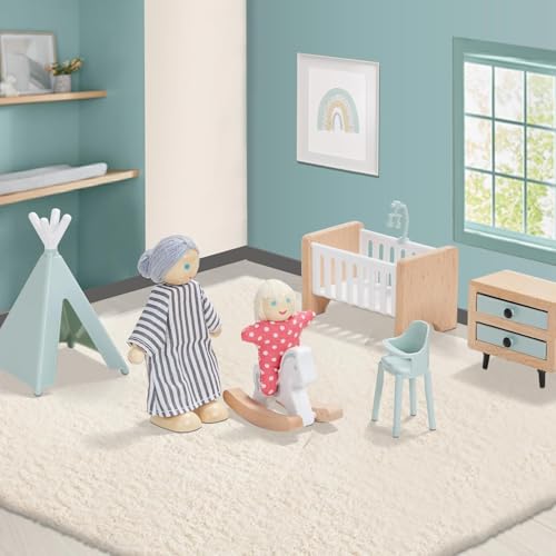 Giant bean Dollhouse Furniture Wooden Set, 36 Pieces Furniture with 4 Family Dolls, Doll Accessories, Toy for Boys, Girls and Toddlers 3+ Years