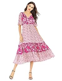 Vestido de manga corta para dama, cuello en V, algodón, botones florales