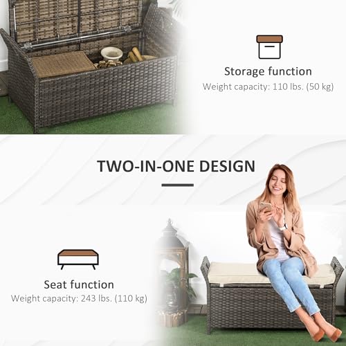 Outsunny 2-in-1 Patio Wicker Storage Bench, 29 Gallon Outdoor PE Rattan Patio Furniture, Large Capacity Rectangle Basket Box with Handles and Cushion, Cream White